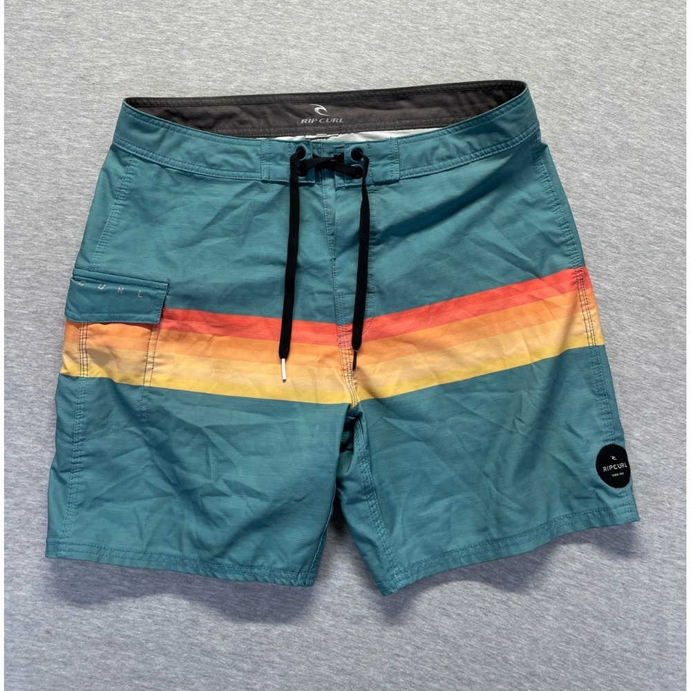 Rip Curl Cove Board Shorts Mens 33 Teal Multi Striped Drawstring Beach Swimwear